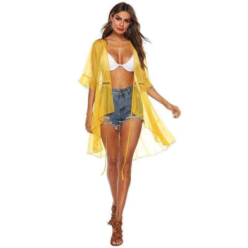 Unique Bright Color See-through Sheer Fabric Flare-sleeve Cover Ups