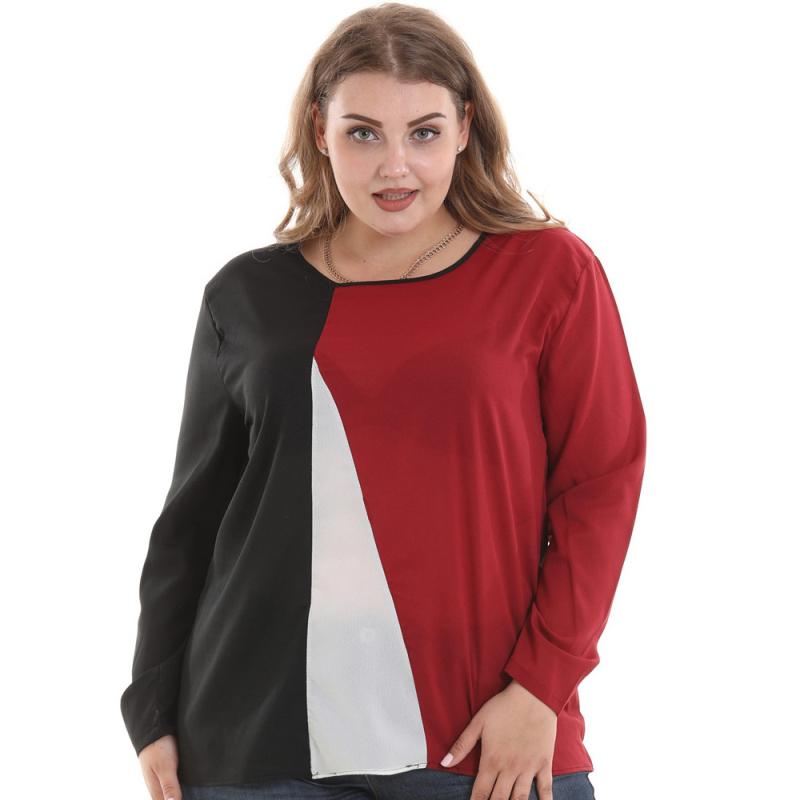 Unique Color Blocking Patchwork Design Women Long Sleeves Plus Size T-shirt