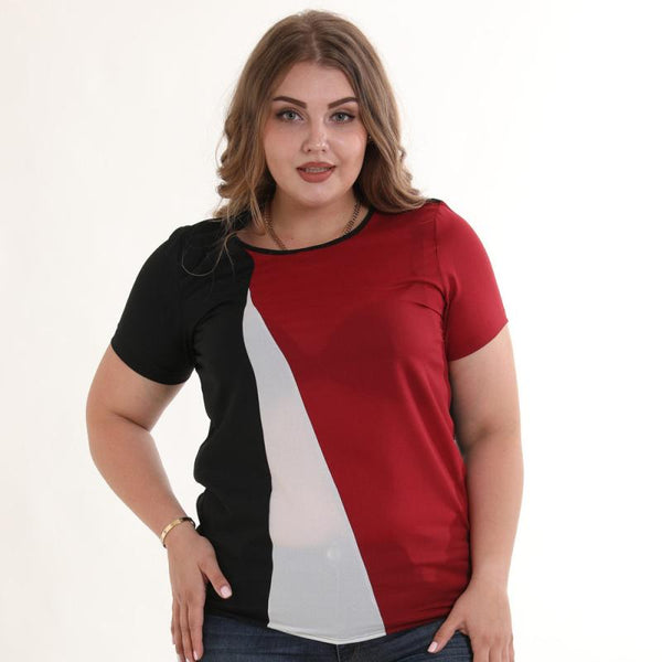 Unique Color Blocking Patchwork Design Women Short Sleeves Plus Size T-shirt