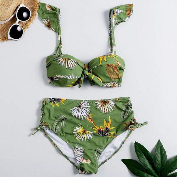 Unique Frilled Design Women Flower Printed High-waisted Swimwear