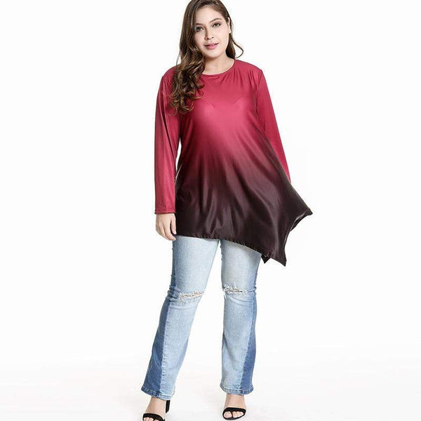 Unique Gradient Color Design Women Long-sleeve Irregular Hemline Blouse