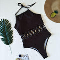 Unique Halter Neck Women Sexy Hollow Out One-piece Plain Swimwear