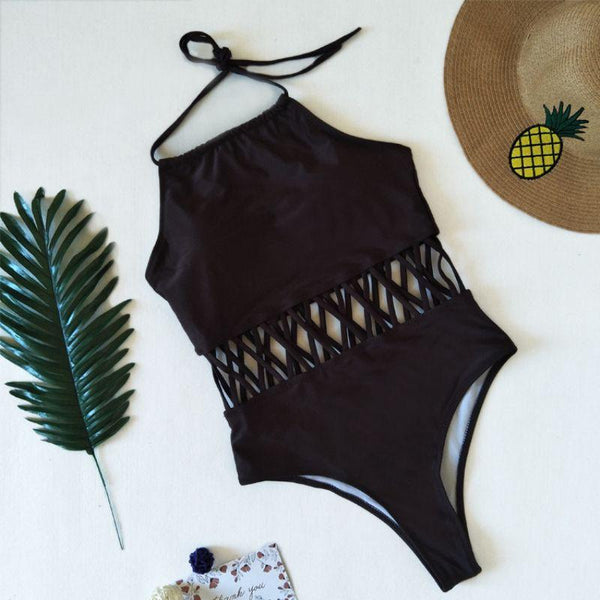 Unique Halter Neck Women Sexy Hollow Out One-piece Plain Swimwear