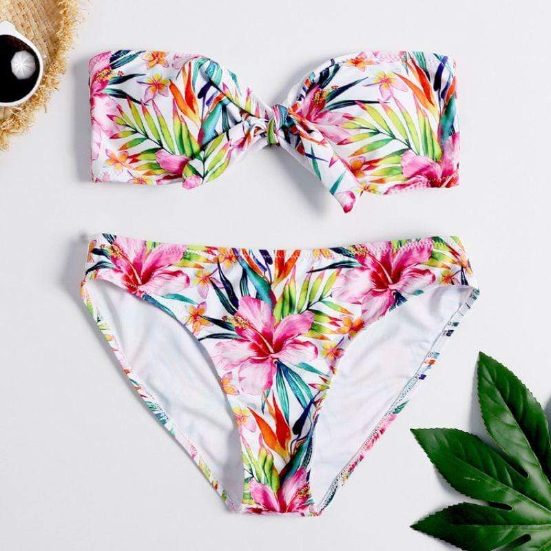 Unique Knitted Pattern Strapless Floral Print Two-piece Swimwear