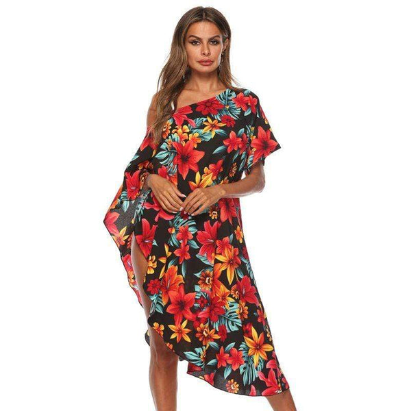 Unique Oblique Shoulder Floral Print Irregular Hem Loose Pattern Cover-ups