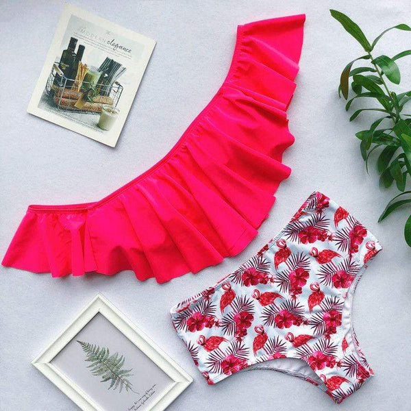 Unique Ruffled Flamingo Print Two-pieces High-waisted Swimsuit