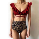 Unique Ruffled Lace-up Design Leopard Print Two-pieces High-waisted Swimsuit