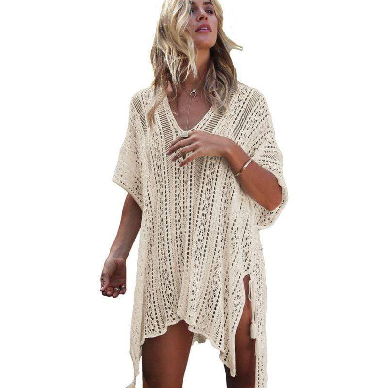 Vacation Style Women Loose V Neck Half-sleeve Sun-protective Knitted Cover Ups