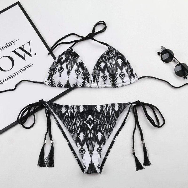 TIY Women Apparel Vintage Ethnic Style Women Graphic Print Lace-up Two-pieces Bikini TIY