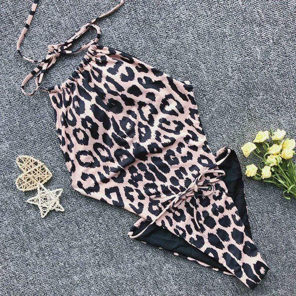 TIY Women Apparel Vintage Halter Neck Color Blocking Lace-up Design One-piece Swimwear TIY