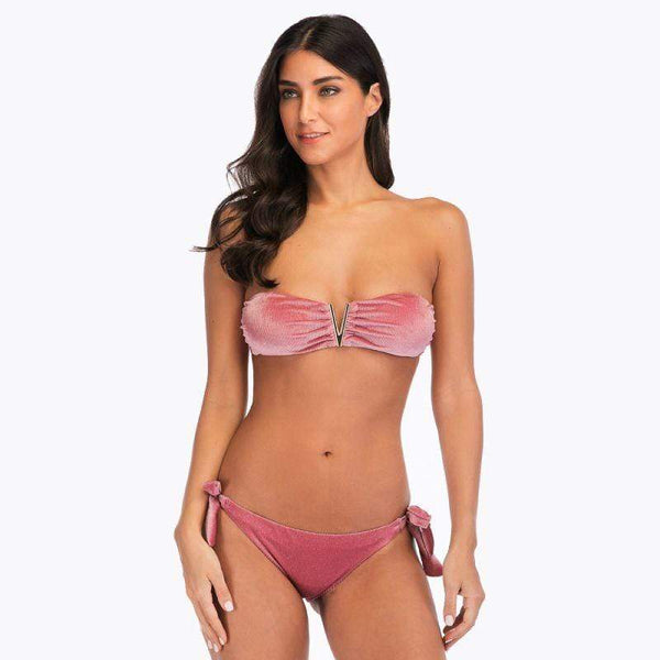 TIY Women Apparel Vintage Plain Color V Pattern Strapless Self Tie Two-piece Bikini Swimsuit TIY