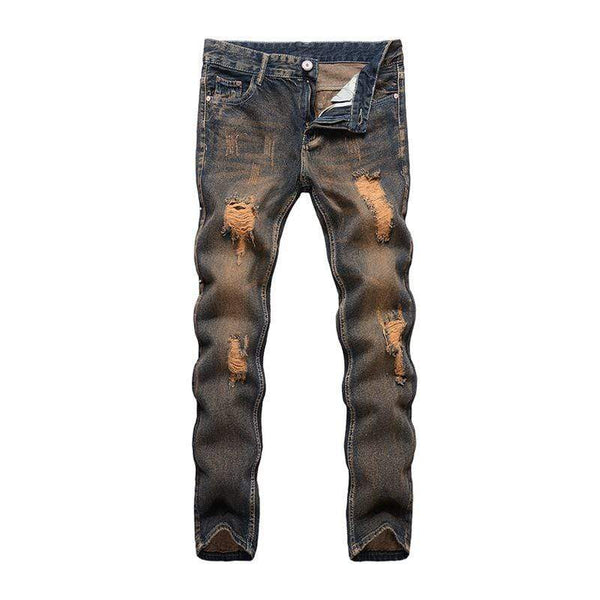 TIY Women Apparel Vintage Style Men Cotton Ripped Tight Jeans TIY