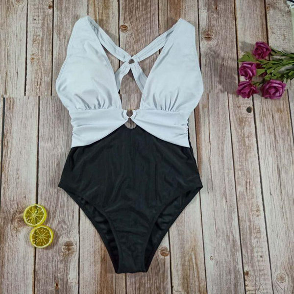 TIY Women Apparel Vintage Women Color Blocking Hollow Design One-piece Swimsuit TIY