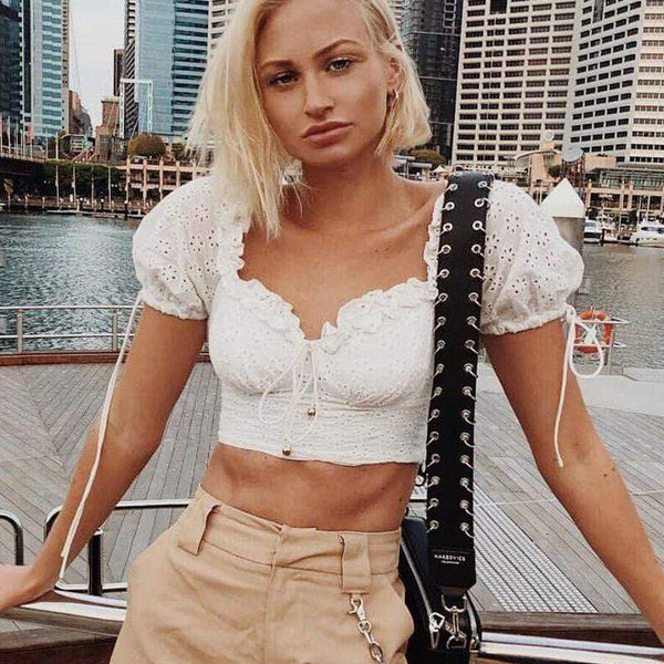 TIY Women Apparel Vintage Women Frilled Puff Sleeve Hollow Lace Crop Top TIY