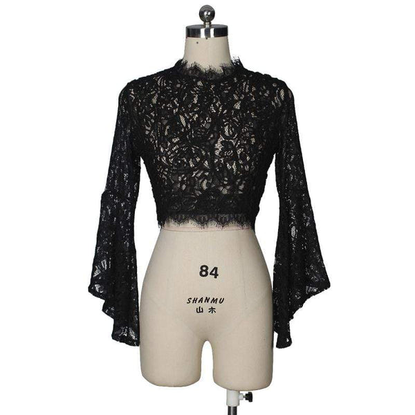 Women Sexy See-through Lace Long Sleeves Crop Top