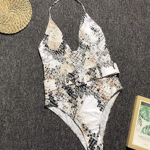 Women Sexy Snakeskin Print Belt Decor One-piece Swimwear