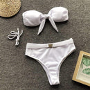 Women Sexy Strapless Knotted Metal Buckle Decor Two-pieces Tankini Swimwear