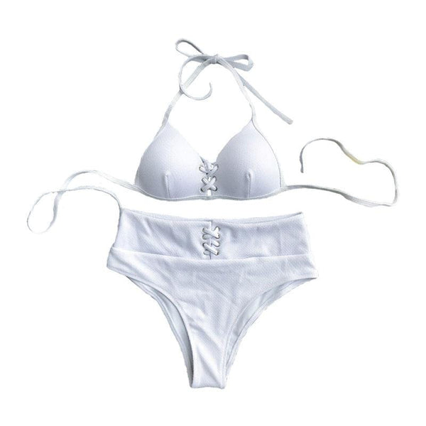 Women Simple Solid Color Design High-waisted Halter Pattern Swimsuit