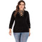 Women Slimming Pattern Black Color Long Sleeves Lace-up Collar T-shirt