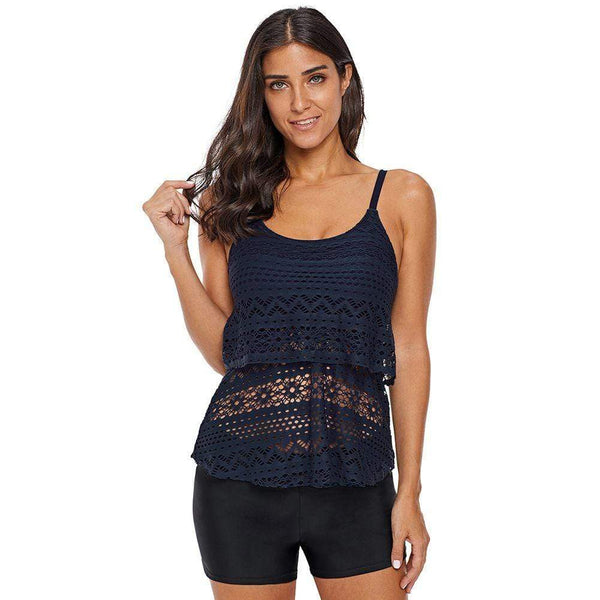 Women Solid Color Conservative  Overlap Lace Swimwear Tank Tops