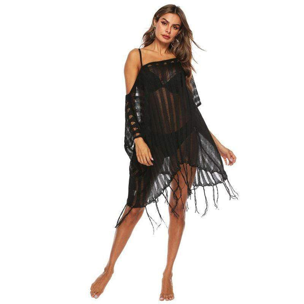 Women Solid Color Flare Sleeve Hollow Out Crochet Cool-shoulder Cover-ups