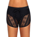 Women Solid Color Hollow Lace Design Swimming Shorts