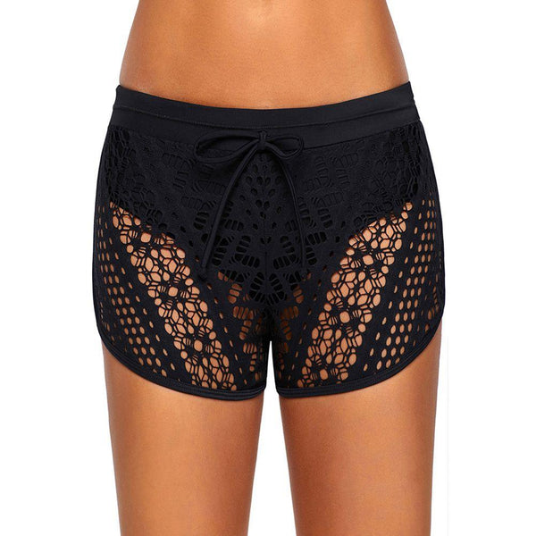 Women Solid Color Hollow Lace Design Swimming Shorts