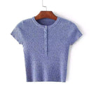 Women Solid Color Knitwear Short-sleeve Buttoned Tee
