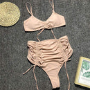 Women Solid Color Lace-up High-waisted Two-pieces Tankini Swimwear