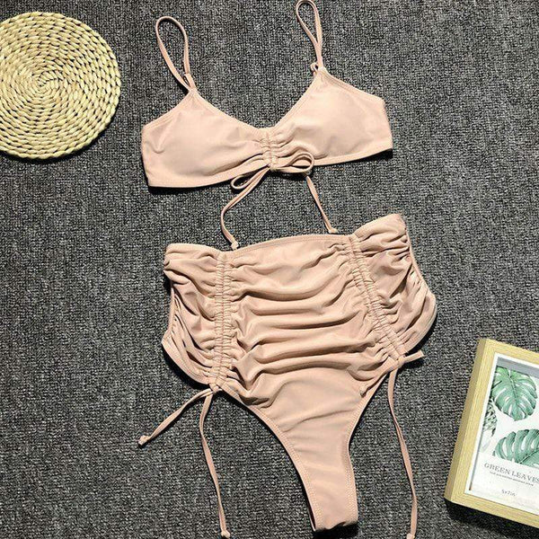 Women Solid Color Lace-up High-waisted Two-pieces Tankini Swimwear