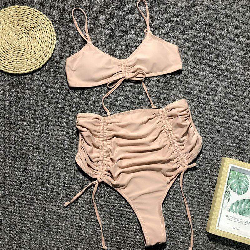 Women Solid Color Lace-up High-waisted Two-pieces Tankini Swimwear