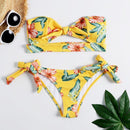 Women Summer Bright Floral Print Strapless Cut-out Two-piece Swimwear