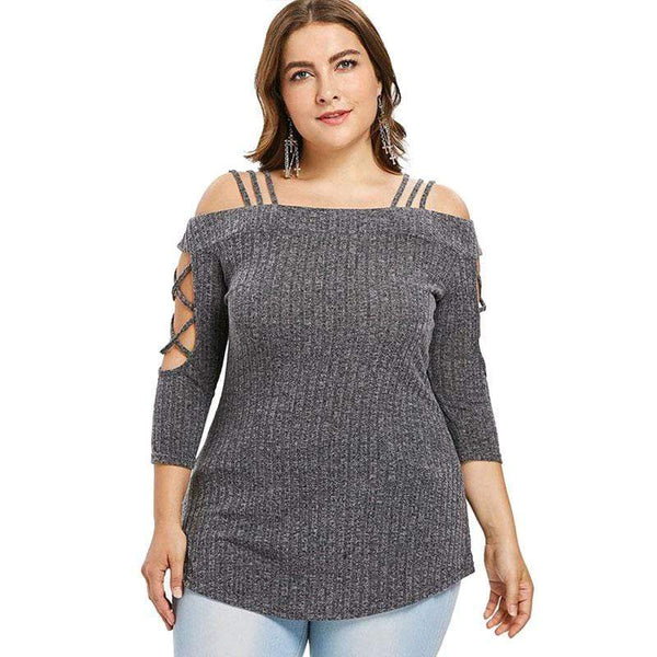 Women Unique Hollow Out Cool Shoulder Solid Color Casual T-shirt