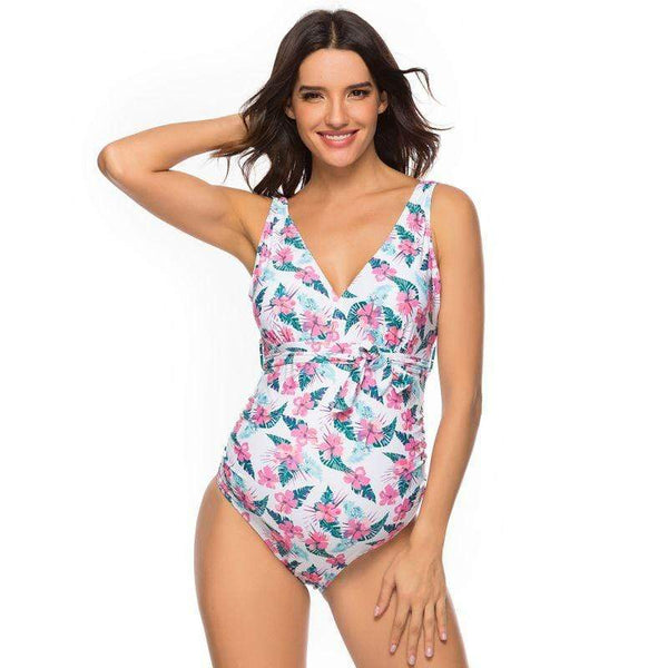 Women V Neck Floral Print Lace-up One-piece Swimwear