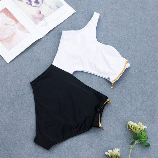 Women Vintage Style Cut-out High-waisted One-piece Swimwear