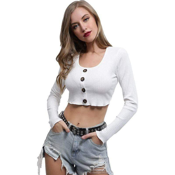 Women White Color Fashion Long Sleeves Buttons Sexy Crop Top