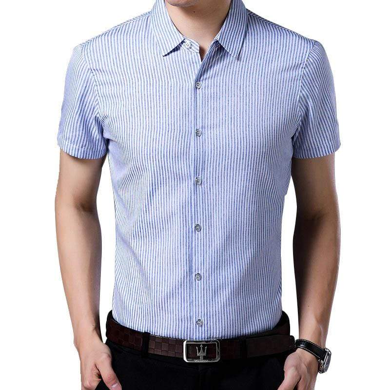 Young Man Casual Style Striped Breathable Lapel Short Sleeve Polyester Shirt