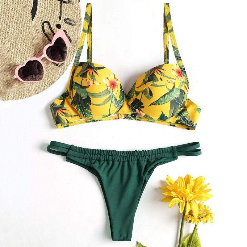 Young Women Cute Contrast Floral Print Two-Pieces Swimsuit Bikini