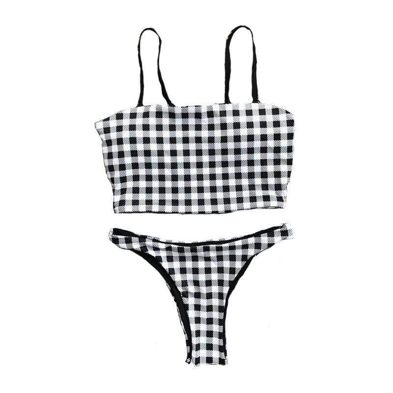 Young Women Sweet Check Pattern Tank Top Two-piece Swimsuit