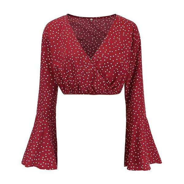 Young Women Sweet Style High Quality Cotton Fabric Dot Print Flare Sleeves Crop Top