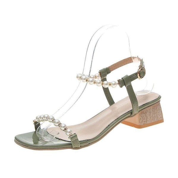 TIY Women Shoes Open Toe Pearl Decor Ankle Strap Low Heel Sandals Shoes TIY