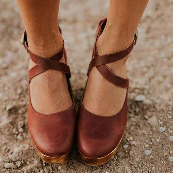 TIY Women Shoes Retro Style Women Round-toe Crossed Buckle Ankle Strap Chunky Heel Shoes TIY