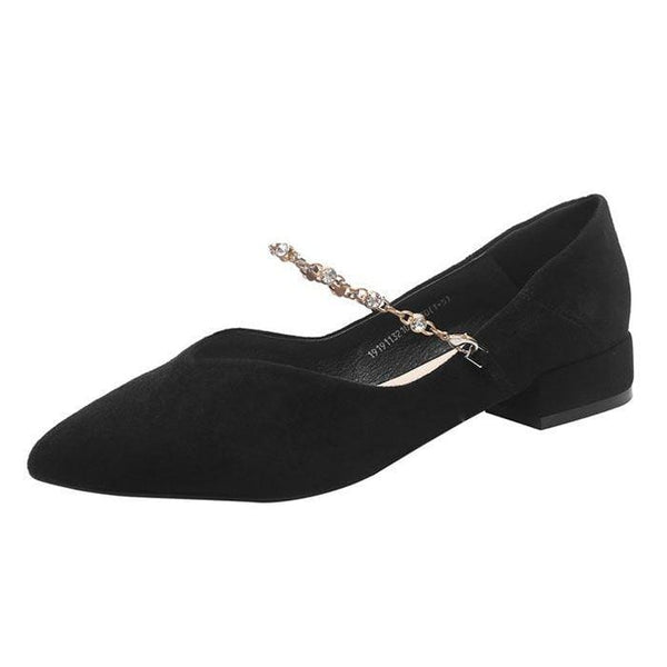 TIY Women Shoes Rhinestone Decor Chain Design Pointed-toe Suede Upper Low Heel Shoes TIY