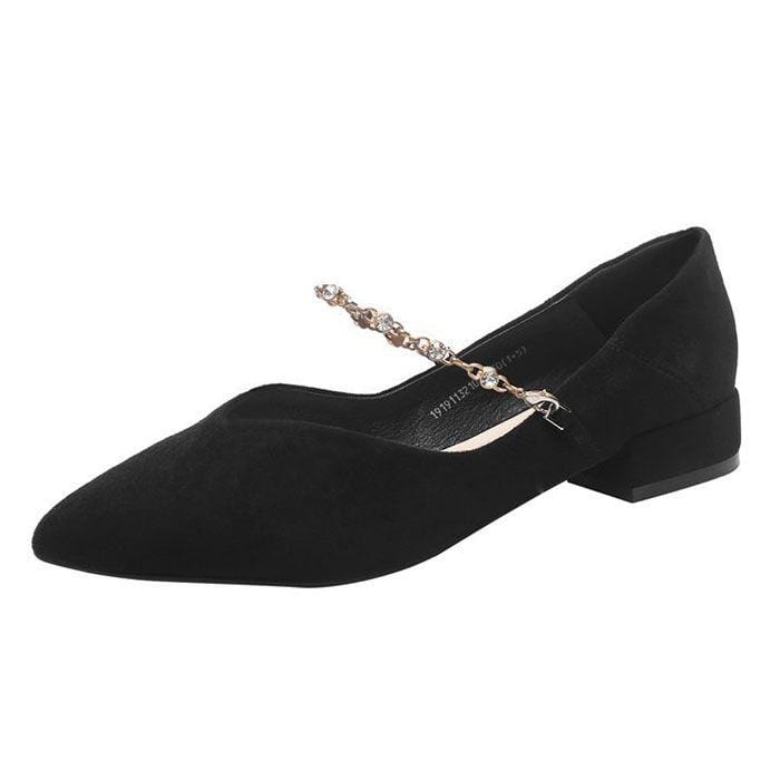 TIY Women Shoes Rhinestone Decor Chain Design Pointed-toe Suede Upper Low Heel Shoes TIY