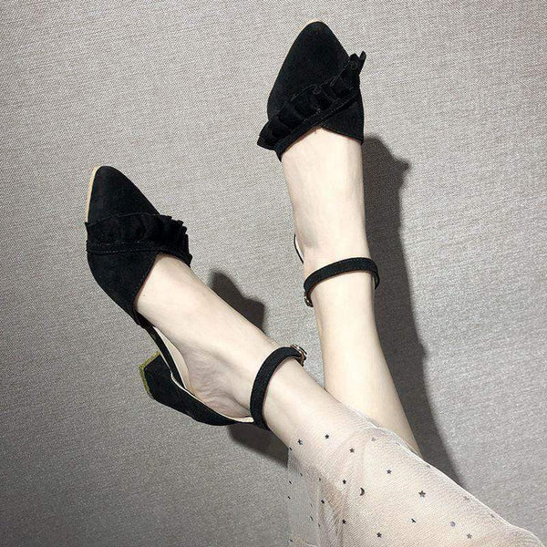 TIY Women Shoes Ruffled Design Pointed-toe Ankle Strap Chunky Heels Sandals Shoes TIY