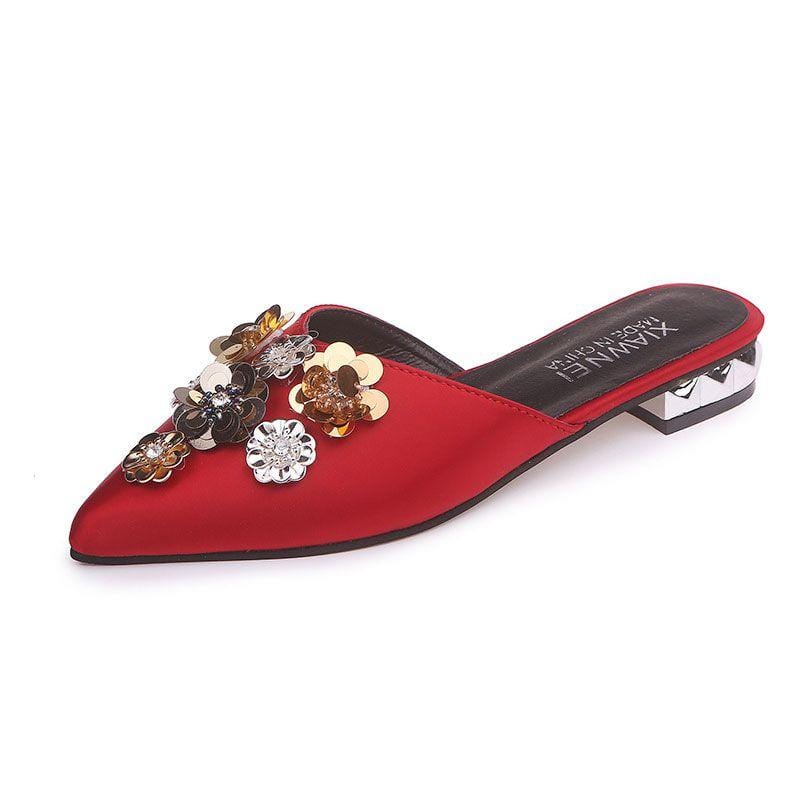 TIY Women Shoes Sequin Flower Decor Cover Toe Fashion Pointed-toe Slippers Shoes TIY