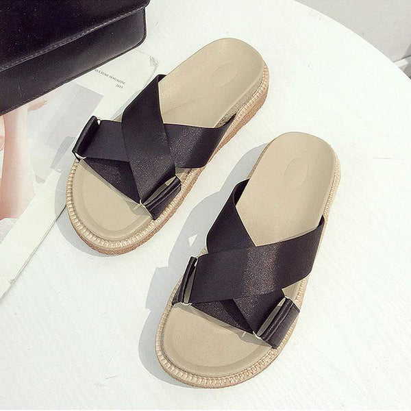 TIY Women Shoes Simple Cross Elastic Strap Round-toe Antiskid Platform Slippers Shoes TIY
