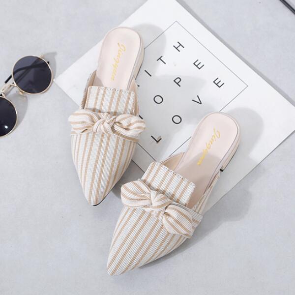 TIY Women Shoes Striped Print Upper Bowknot Decor Antiskid Pointed-toe Mule Shoes TIY
