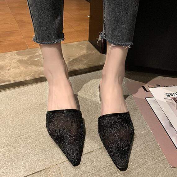 Temperament Women Pointed-toe Chunky Heels Slippers Shoes