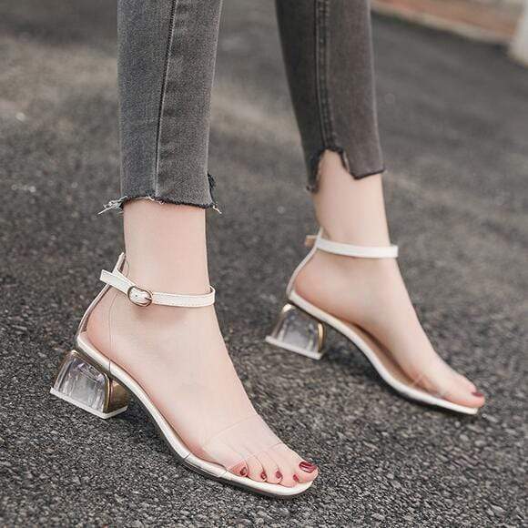 Transparent Upper Buckle Ankle Strap Chunky Heel Sandals Shoes